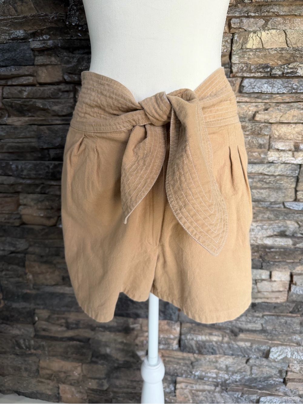 High-Waist Tie-Belt Women’s Shorts in Tan - Picture 1 of 10